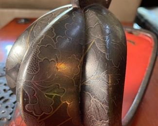 1pc Antique Japanese Stirrup Abumi Cast Iron Brass inlay Samurai Armor	11x5.5x12in	HxWxD
