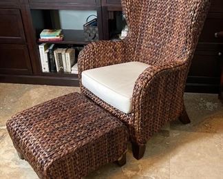 Pottery Barn Seagrass Wingback Chair w/ Ottoman Rattan Havana Dark	42x30x26in<BR>Ottoman: 13.5x22x22in	HxWxD
