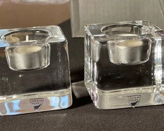 Orrefors Sweden Crystal Ice Cube Candle Holders PAIR Votive  Goran Warff	2.5x2.75x2.75in	HxWxD

