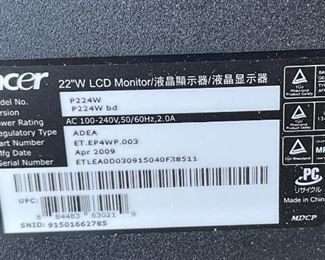 Acer 22in LCD Computer Monitor P224W		
