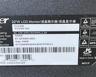 #2 Acer 22in LCD Computer Monitor P224W		
