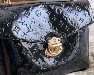 Louis Vuitton black Vernis monogram satchel purse	14in. X 11.25in.