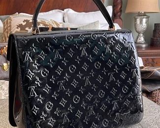 Louis Vuitton black Vernis monogram satchel purse	14in. X 11.25in.