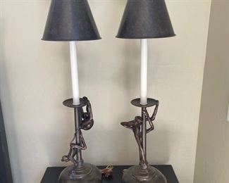 Vintage Maitland Smith Bronze Monkey Lamps pair	7.5in x 34.25in. Tall