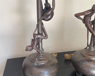 Vintage Maitland Smith Bronze Monkey Lamps pair	7.5in x 34.25in. Tall