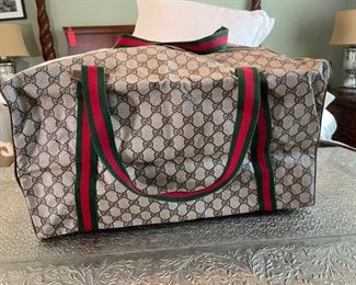 Gucci - Vintage GG Duffle Bag - Tan Canvas Leather Web Stripe Large Shoulder