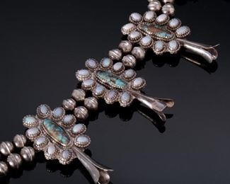 Navajo Turquoise Opal, & Silver Squash Blossom Necklace Native American	28in	