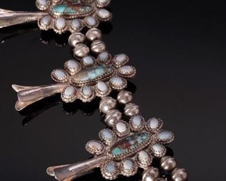 Navajo Turquoise Opal, & Silver Squash Blossom Necklace Native American	28in	