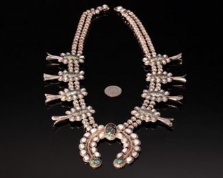 Navajo Turquoise Opal, & Silver Squash Blossom Necklace Native American	28in	