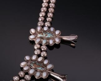 Navajo Turquoise Opal, & Silver Squash Blossom Necklace Native American	28in	