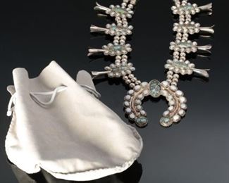 Navajo Turquoise Opal, & Silver Squash Blossom Necklace Native American	28in	