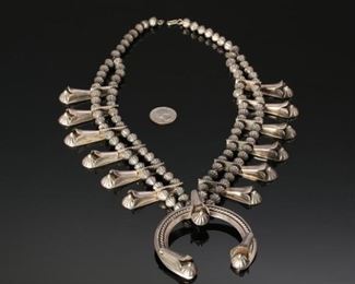 Antique Navajo Silver Squash Blossom Necklace Native American	26in	