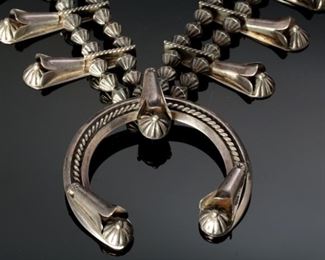 Antique Navajo Silver Squash Blossom Necklace Native American	26in	