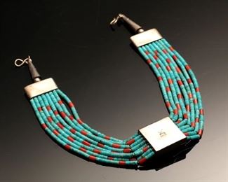 Tony Aguilar Sr Turquoise, Silver, & Coral 8-Strand Choker Necklace Santo Domingo Pueblo	16in	
