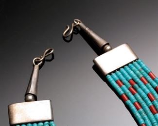 Tony Aguilar Sr Turquoise, Silver, & Coral 8-Strand Choker Necklace Santo Domingo Pueblo	16in	
