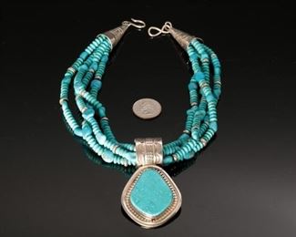 Tony Aguilar Sr Turquoise & Silver Necklace 4-Strand Santo Domingo Pueblo	17in	