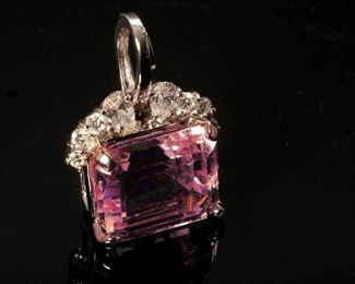 14kt White Gold Emerald Cut Pink Topaz & Diamond Pendant Stuller	30x22.5x13mm	HxWxD