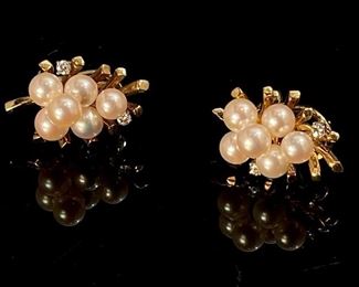 18k Gold Pearl & Diamond Cluster Earrings	24x15mm