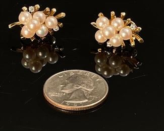 18k Gold Pearl & Diamond Cluster Earrings	24x15mm