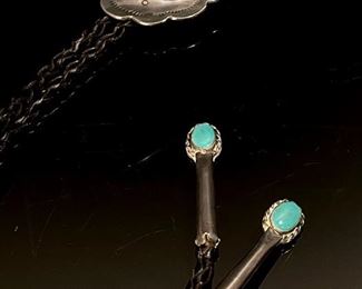Native American Silver & Turquoise Concho Bolo Tie	19in Long