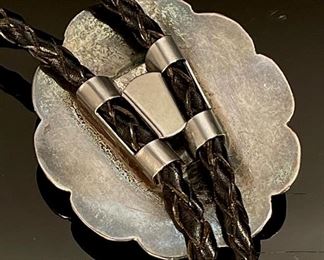 Native American Silver & Turquoise Concho Bolo Tie	19in Long