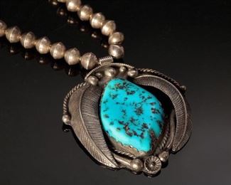 Carl Luthy Navajo Silver & Turquoise Beaded Necklace Nugget Pendant  Native American Luthey	21in	