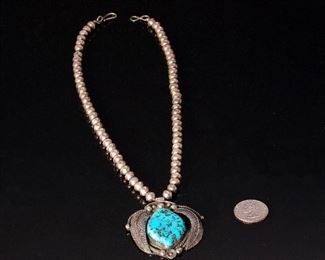 Carl Luthy Navajo Silver & Turquoise Beaded Necklace Nugget Pendant  Native American Luthey	21in	