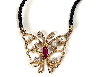 14k Gold Diamond & Garnet Butterfly Pendant Necklace	17.5 in Long	