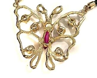 14k Gold Diamond & Garnet Butterfly Pendant Necklace	17.5 in Long	