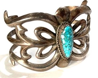 Navajo Sand Cast Silver & Turquoise Cuff Bracelet Native American Vintage Pawn Jewelry	SZ: 6.75	