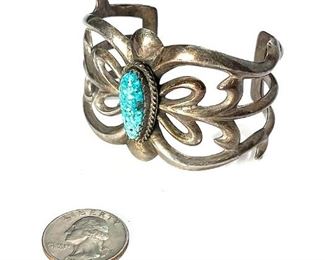 Navajo Sand Cast Silver & Turquoise Cuff Bracelet Native American Vintage Pawn Jewelry	SZ: 6.75	