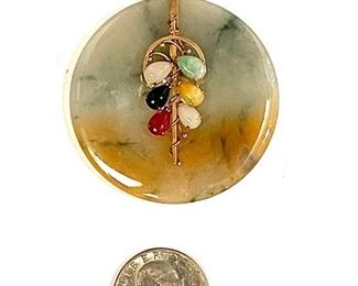 14k Gold Jade Multi-Gemstone Cluster Disc Pendant	53mm Diameter	