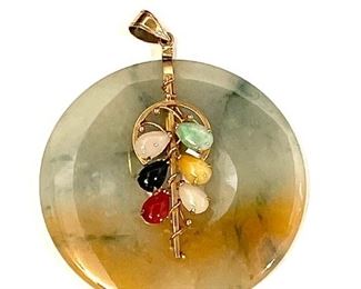 14k Gold Jade Multi-Gemstone Cluster Disc Pendant	53mm Diameter	