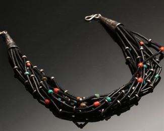 12 Strand Black bead, Coral, Silver and Turquoise Necklace Native American	18.5 inches	