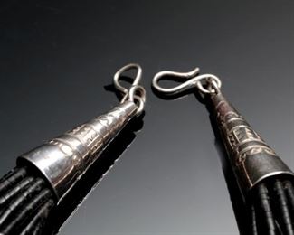 12 Strand Black bead, Coral, Silver and Turquoise Necklace Native American	18.5 inches	