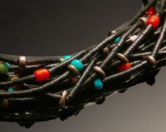12 Strand Black bead, Coral, Silver and Turquoise Necklace Native American	18.5 inches	