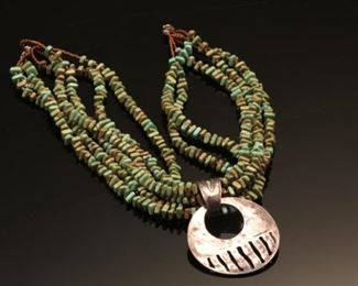 6 Strand Turquoise and copper beaded Necklace with Silver Pendant	20 inches	