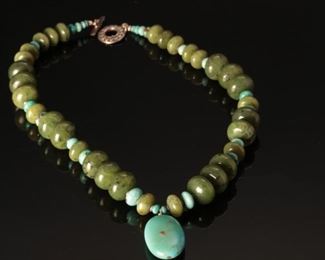 Sterling Silver Jade and Turquoise beaded Necklace	19.5 inches	