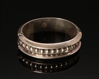 Mexico Sterling Silver hinged cuff bracelet shadowed silver beads	7.5 inch diameter : 3/4 in wide