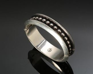 Mexico Sterling Silver hinged cuff bracelet shadowed silver beads	7.5 inch diameter : 3/4 in wide