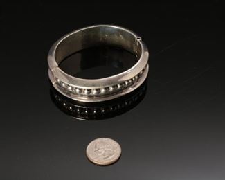 Mexico Sterling Silver hinged cuff bracelet shadowed silver beads	7.5 inch diameter : 3/4 in wide