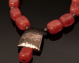Native American Sterling Silver and Rhodochrosite Necklace	17 inch	