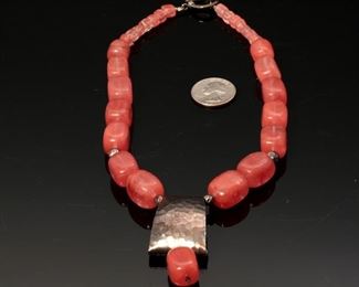 Native American Sterling Silver and Rhodochrosite Necklace	17 inch	
