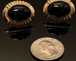 14K Yellow Gold and Onyx Earrings	13mm by 17mm stone, earring 21mm by 25mm