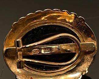 14K Yellow Gold and Onyx Earrings	13mm by 17mm stone, earring 21mm by 25mm