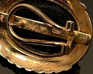 14K Yellow Gold and Onyx Earrings	13mm by 17mm stone, earring 21mm by 25mm