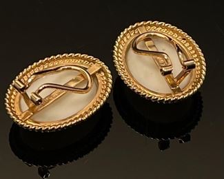 Gump’s 14K Yellow Gold and White Jade Clip Earrings	13mm by 19mm stone and 18mm by 22mm earring	