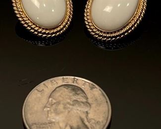 Gump’s 14K Yellow Gold and White Jade Clip Earrings	13mm by 19mm stone and 18mm by 22mm earring	