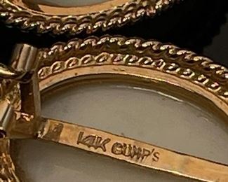 Gump’s 14K Yellow Gold and White Jade Clip Earrings	13mm by 19mm stone and 18mm by 22mm earring	