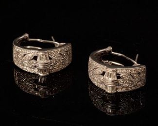 Vintage 18K White Gold and Diamond half hoop Earrings	21mm by 9mm